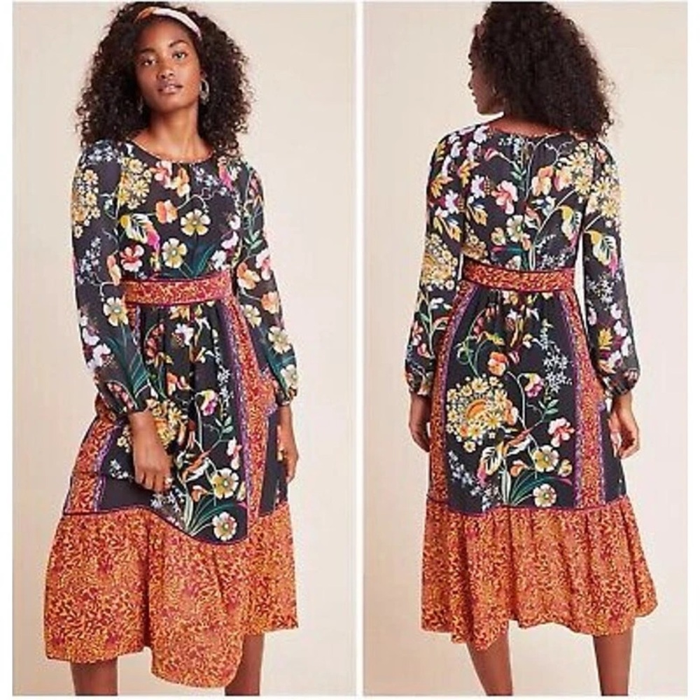 Anthropologie Black and Orange Tiered Sundress with Bishop Sleeves